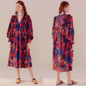 NWOT FARM RIO Red Blue Animal Tapestry Midi Tropical Flare Puff Sleeve Dress XS